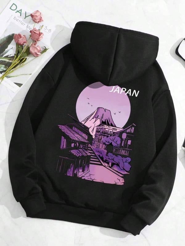 Women's Landscape Print Drop Shoulder Hoodie, Casual Fashion Drawstring Pocket Hooded Sweatshirt for Daily Holiday Outdoor Wear, Women Clothing for Spring & Fall