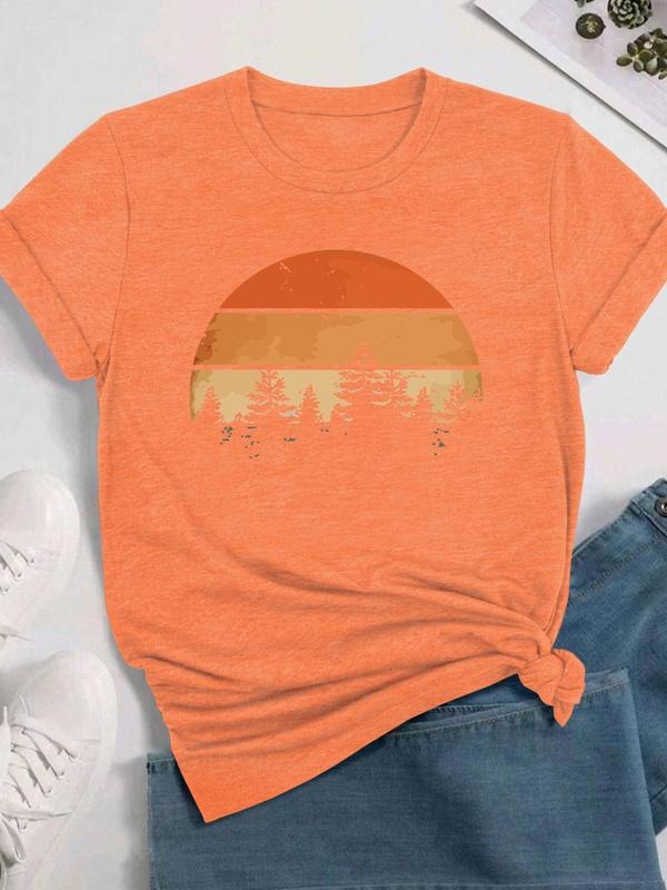 Women's Landscape Print Round Neck Tee, Casual Short Sleeve Crew Neck T-shirt for Daily Wear, Ladies Clothes for All Seasons