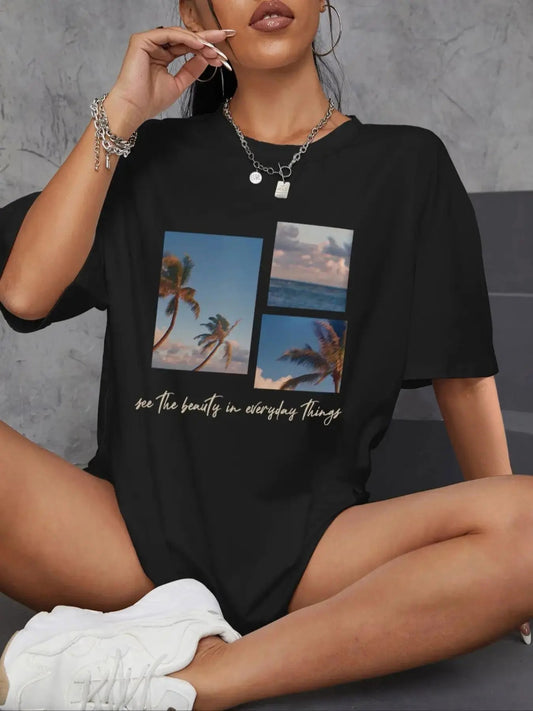 Women's Landscape Print Round Neck Tee, Summer Clothes Women, Vintage Trendy Casual Letter Graphic Drop Shoulder Half...