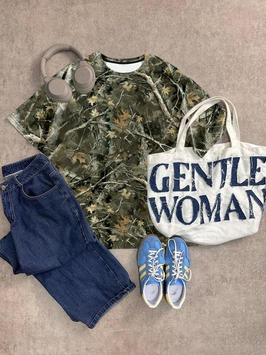 Women's Leaf Print Round Neck Tee, Casual Camo Print Short Sleeve T-shirt for Summer, Ladies Clothes for Daily Wear, Top