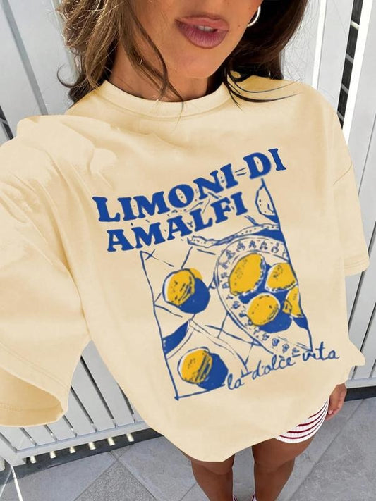 Women's Lemon Print Round Neck Tee, Vintage Trendy Casual Short Sleeve T-shirt for Daily Wear, Ladies Summer