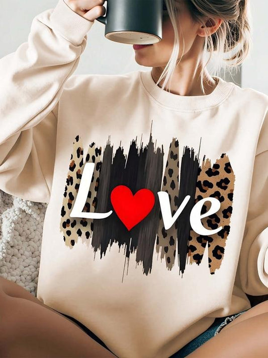 Women's Leopard & Letter Print Round Neck Sweatshirt, Casual Long Sleeve Crew Neck Pullover for Spring & Fall, Fashion Women's Top for Daily Wear