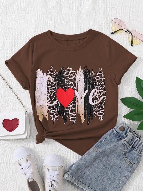 Women's Leopard & Letter Print Round Neck Tee, Fashion Casual Crew Neck T-Shirt for Daily Holiday Vacation Outdoor Wear, Ladies Clothes for Summer, Top