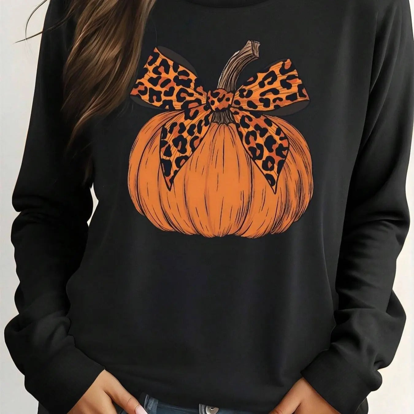 Women's Leopard & Pumpkin Print Drop Shoulder Sweatshirt, Casual Long Sleeve Round Neck Pullover for Fall & Winter, Women...