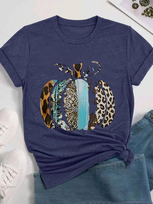 Women's Leopard & Pumpkin Print Round Neck Tee, Fashion Casual Crew Neck Short Sleeve T-shirt for Daily Holiday Vacation Outdoor Wear, Ladies Clothes for Summer