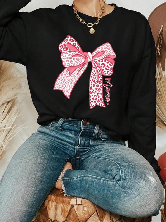 Women's Leopard Bow Print Drop Shoulder Sweatshirt, Fashion Casual Long Sleeve Round Neck Pullover for Daily Holiday Outdoor Wear, Women Clothes for Fall & Winter