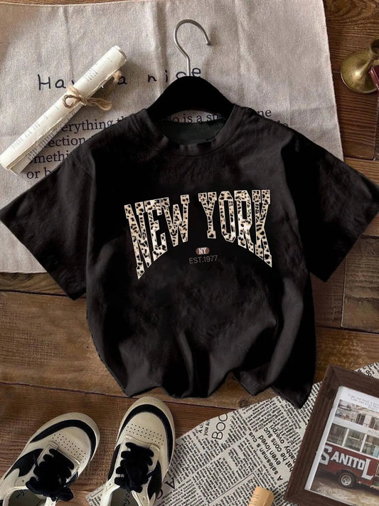 Women's Leopard Letter Print Round Neck Tee, Fashion Casual Crew Neck Short Sleeve T-Shirt for Daily Holiday Vacation Outdoor Wear, Ladies Clothes for Summer