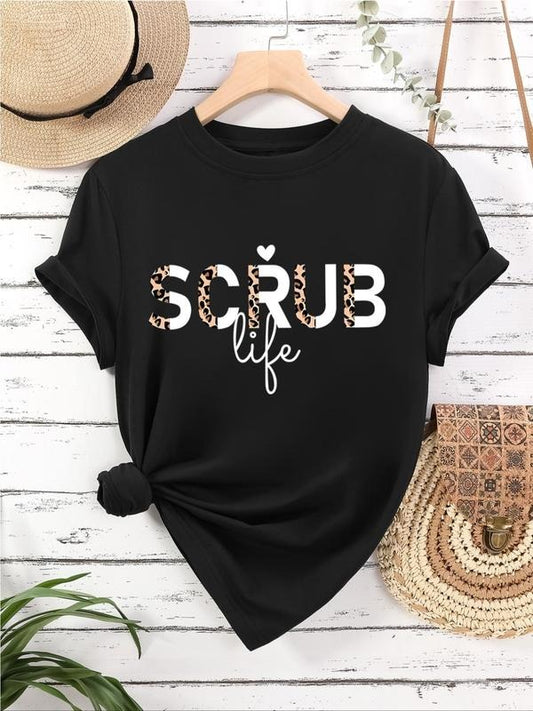 Women's Leopard Letter Print Round Neck Tee, Fashion Casual Short Sleeve T-shirt for Daily Wear, Ladies Summer Clothes