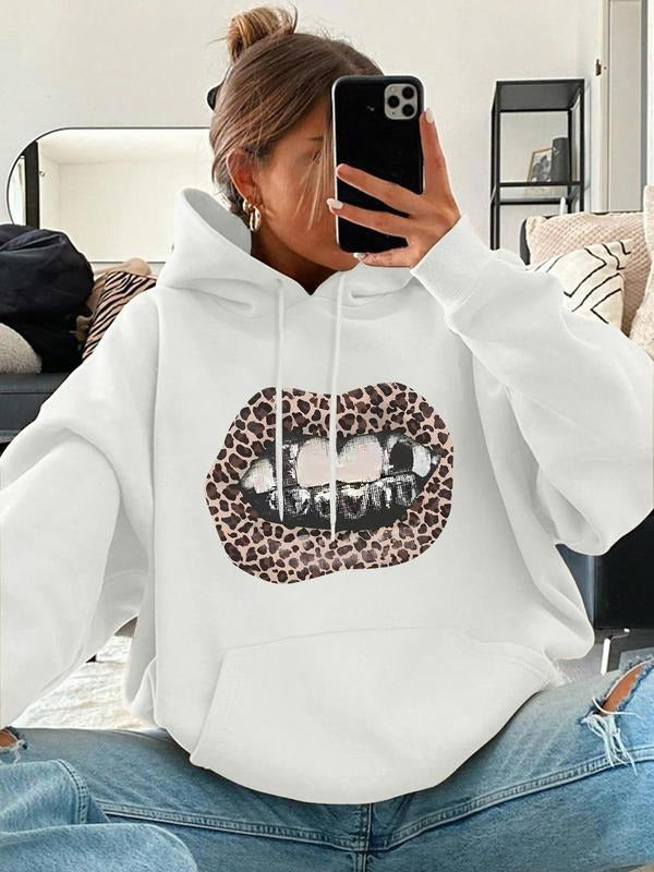 Women's Leopard Lip Print Drop Shoulder Hoodie, Fashion Casual Drawstring Pocket Hooded Sweatshirt for Daily Holiday Outdoor Wear, Ladies Clothes for All Seasons