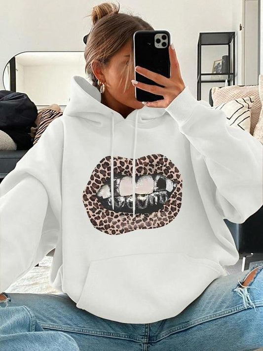 Women's Leopard Lip Print Drop Shoulder Hoodie, Fashion Casual Drawstring Pocket Hooded Sweatshirt for Daily Holiday Outdoor Wear, Ladies Clothes for All Seasons