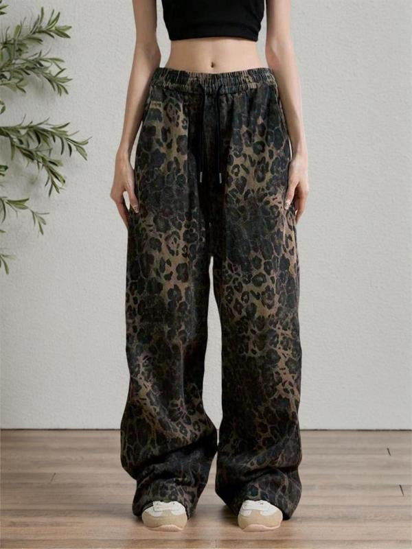Women's Leopard Print Drawstring Wide Leg Sweatpants, Casual Elastic Waist Pocket Pants for Spring Holiday Daily Wear Outdoor, Women Trousers for All Seasons