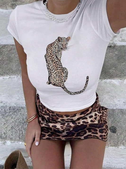 Women's Leopard Print Round Neck Tee, Fashion Casual Crew Neck T-Shirt for Daily Holiday Vacation Outdoor Wear, Ladies Clothes for Summer, Clothing
