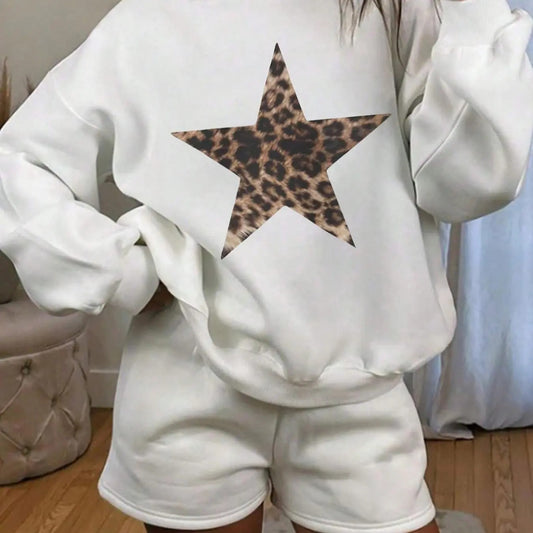 Women's Leopard Star Print Pullover Sweatshirt, Casual Long Sleeve Crew Neck Sweatshirt for Fall & Winter, Fashion...