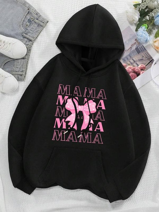 Women's Letter  & Bow Print Drop Shoulder Thermal Lined Hoodie, Fashion Casual Drawstring Pocket Hooded Sweatshirt for Daily Holiday Outdoor Wear, Women Clothing for Fall & Winter