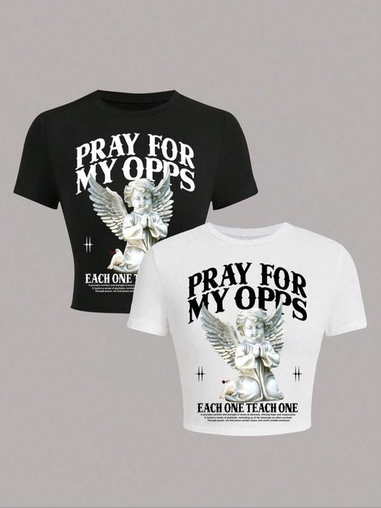 Women's Letter & Angel Graphic Print Round Neck Crop Tee, Fashion Casual Tight-fitting Short Sleeve T-shirt for Daily Wear, Vintage Graphic Tees, Ladies Summer Clothes