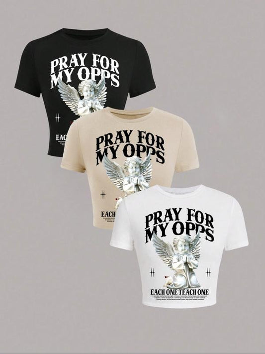 Women's Letter & Angel Print Round Neck Crop Tee, Fashion Casual Crew Neck Short Sleeve T-shirt for Daily Outdoor Wear, Ladies Clothes for All Seasons