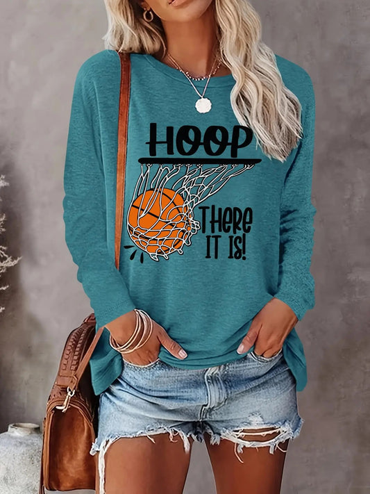 Women's Letter & Basketball Print Round Neck T-shirt, Casual Long Sleeve Crew Neck Tee for Fall & Winter, Fashion Women's...