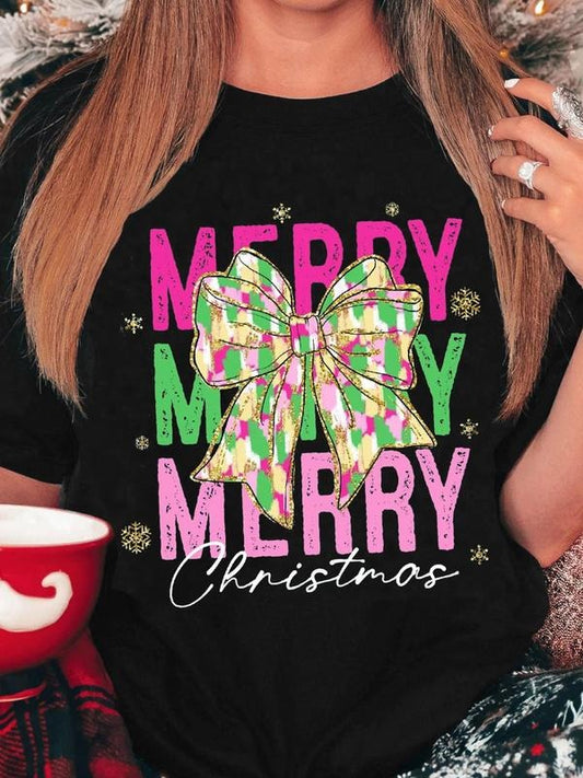 Women's Letter & Bow Print Round Neck Graphic Tee, Vintage Trendy Casual Short Sleeve T-shirt for Daily Wear, Ladies All Seasons Clothes