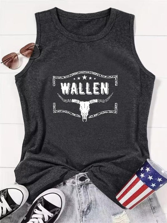 Women's Letter & Bull Head Print Round Neck Tank Top, Summer Clothes Women, Casual Star Print Sleeveless Top for Summer,...
