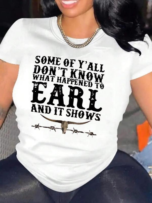 Women's Letter & Bull Head Print Round Neck Tee, Streetwear Fashion Casual Crew Neck Short Sleeve T-Shirt for Daily Holiday Vacation Outdoor Wear, Ladies Clothes for Summer