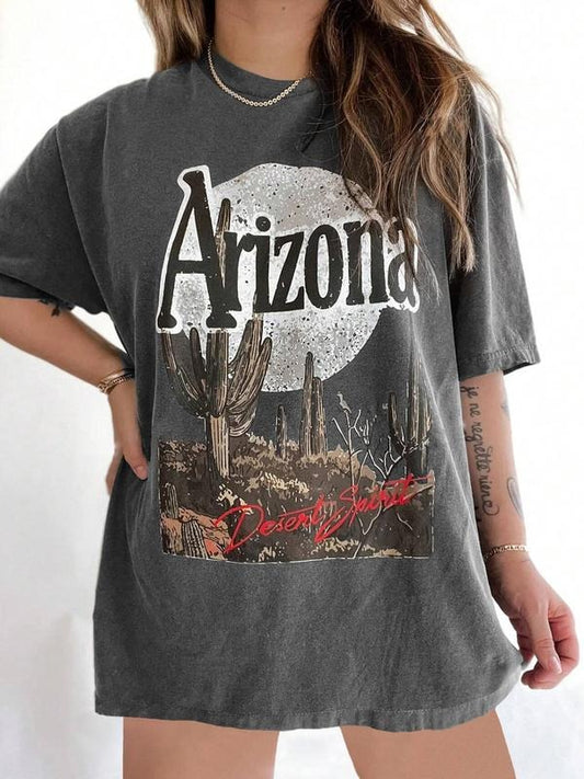 Women's Letter & Cactus Print Round Neck Tee, Casual Short Sleeve T-shirt for Daily Wear, Ladies All Seasons Outfit