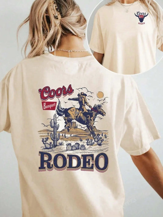 Women's Letter & Cowboy Print Round Neck Graphic Tee, Vintage Trendy Casual Short Sleeve T-shirt for Daily Wear, Ladies...