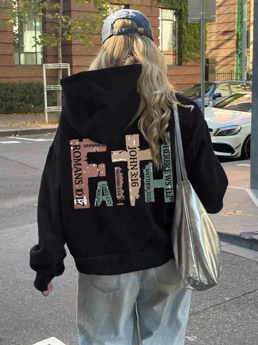 Women's Letter & Cross Print Drop Shoulder Hoodie, Fashion Casual Drawstring Pocket Hooded Sweatshirt for Daily Holiday Outdoor Wear, Women Clothing for Fall & Winter