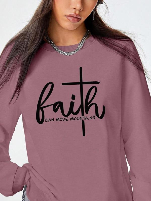 Women's Letter & Cross Print Round Neck Pullover, Fashion Casual Crew Neck Sweatshirt for Daily Holiday Outdoor Wear, Women Clothing for Fall & Winter