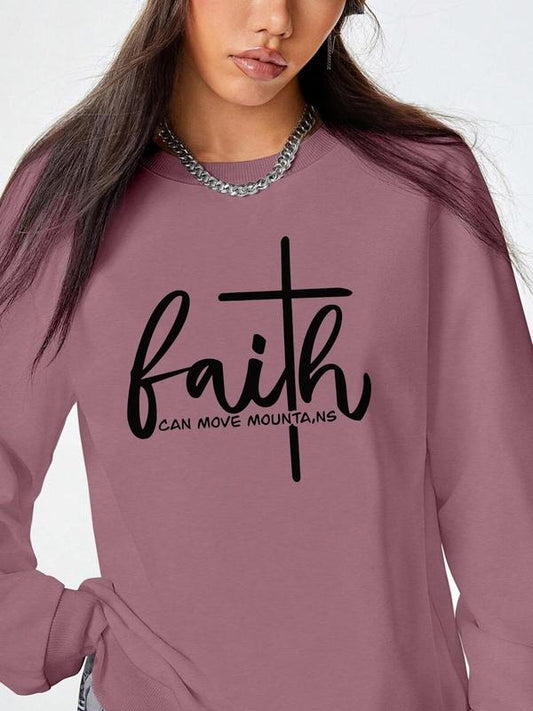 Women's Letter & Cross Print Round Neck Pullover, Fashion Casual Crew Neck Sweatshirt for Daily Holiday Outdoor Wear, Women Clothing for Fall & Winter