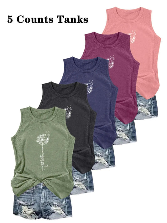 Women's Letter & Dandelion Print Round Neck Tank Top, Casual Sleeveless Crew Neck Top for Daily Wear, Ladies Clothes for...