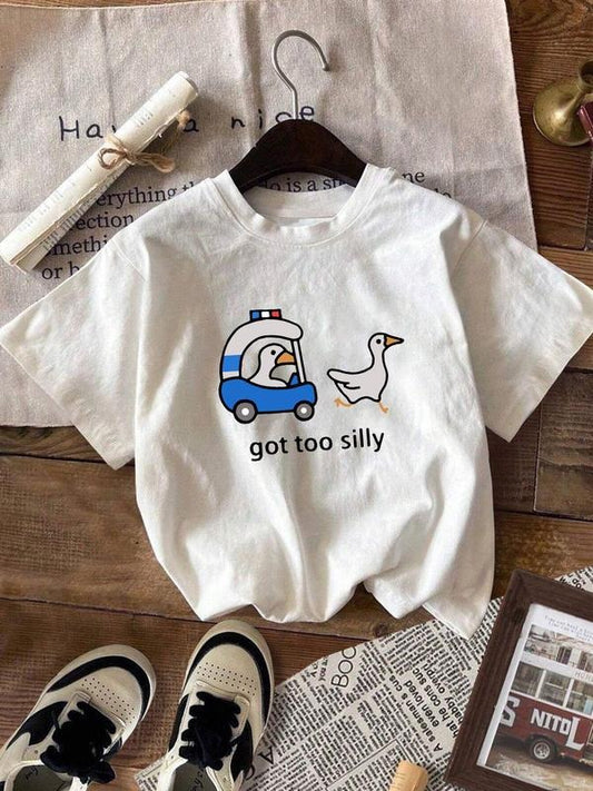 Women's Letter & Duck Print Round Neck Tee, Fashion Casual Crew Neck Short Sleeve T-shirt for Daily Holiday Vacation Outdoor Wear, Ladies Clothes for All Seasons