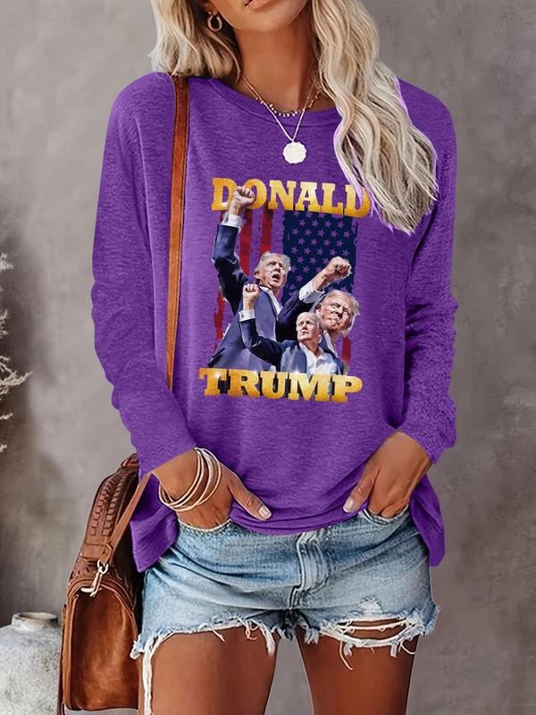 Women's Letter & Figure Print Round Neck Tee, Casual Long Sleeve Crew Neck T-shirt for Daily Wear, Ladies Clothes for All...