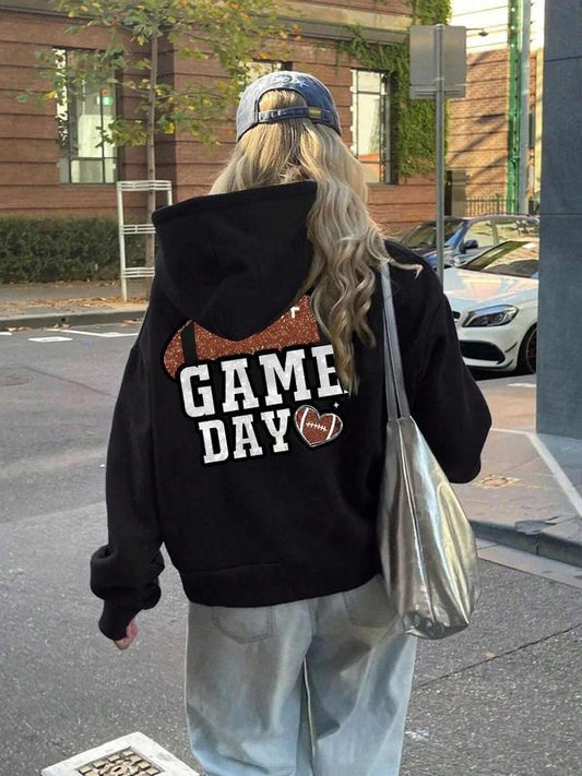 Women's Letter & Football Print Drop Shoulder Hoodie, Fashion Casual Drawstring Pocket Hooded Sweatshirt for Daily Holiday Outdoor Wear, Ladies Clothes for All Seasons