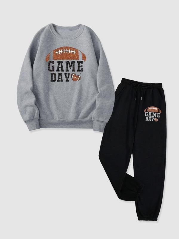 Women's Letter & Football Print Drop Shoulder Sweatshirt & Drawstring Waist Sweatpants Two-piece Set, Casual Fashion Cozy Breathable Two Piece Outfits for Daily Wear, Ladies Fall & Winter Clothes