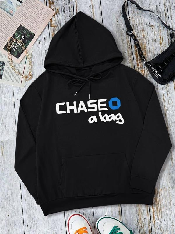 Women's Letter & Geometric Print Drop Shoulder Hoodie, Fashion Casual Drawstring Pocket Hooded Sweatshirt for Daily Holiday Outdoor Wear, Women Clothing for Fall & Winter