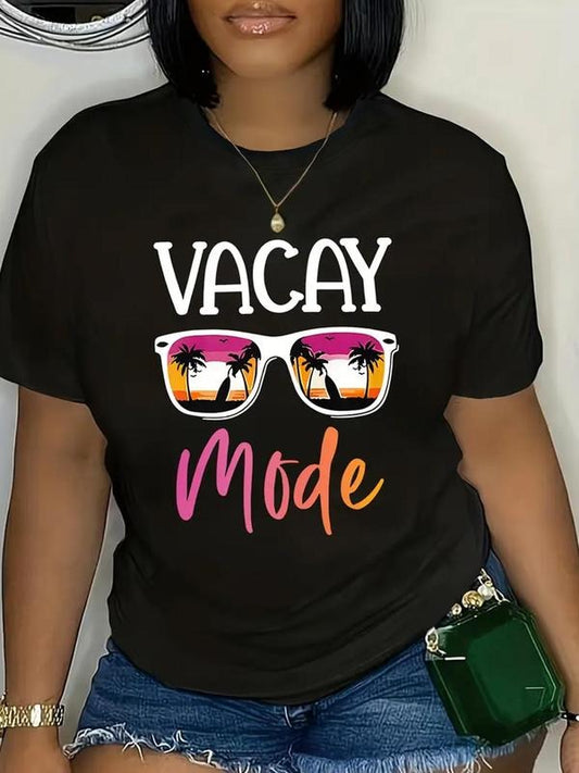 Women's Letter & Glasses Print Round Neck Tee, Fashion Casual Crew Neck Short Sleeve T-Shirt for Daily Holiday Vacation Outdoor Wear, Ladies Clothes for All Seasons