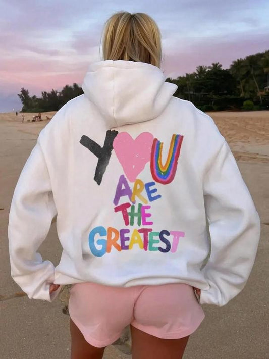 Women's Letter & Heart Print Drop Shoulder Thermal Lined Hoodie, Fashion Casual Drawstring Pocket Hooded Sweatshirt for Daily Holiday Outdoor Wear, Ladies Clothes for Fall & Winter