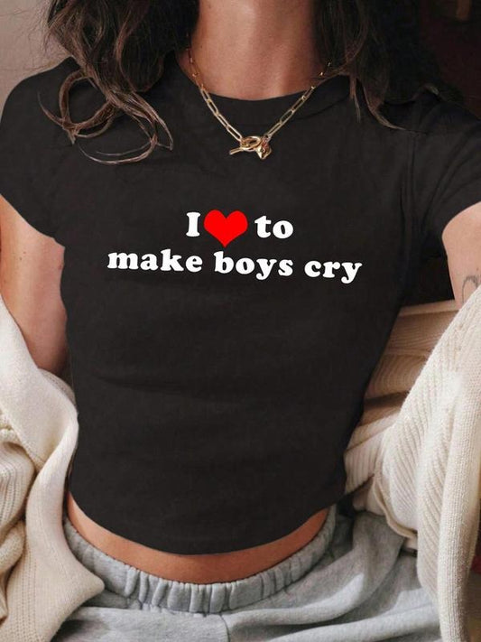 Women's Letter & Heart Print Round Neck Crop Tee, Fashion Casual Crew Neck Short Sleeve T-Shirt for Daily Holiday Vacation Outdoor Wear, Ladies Clothes for All Seasons