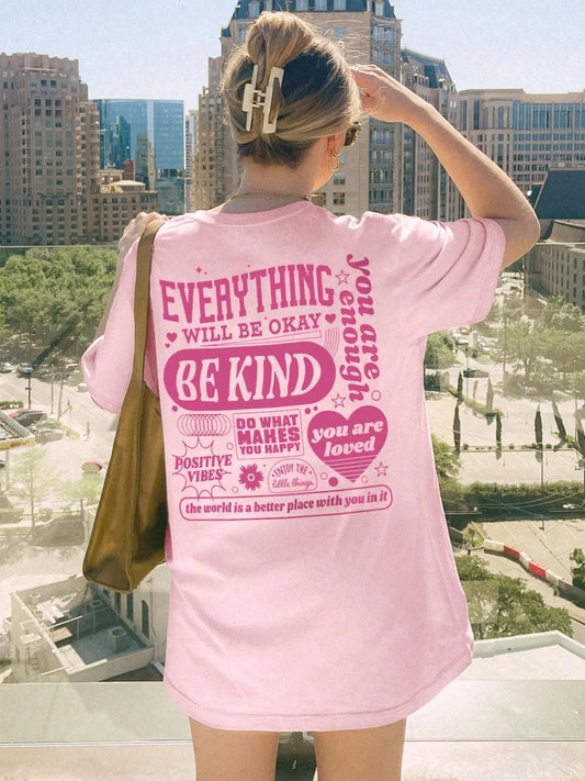 Women's Letter & Heart Print Round Neck Tee, Fashion Casual Crew Neck T-Shirt for Daily Holiday Vacation Outdoor Wear, Ladies Clothes for All Seasons