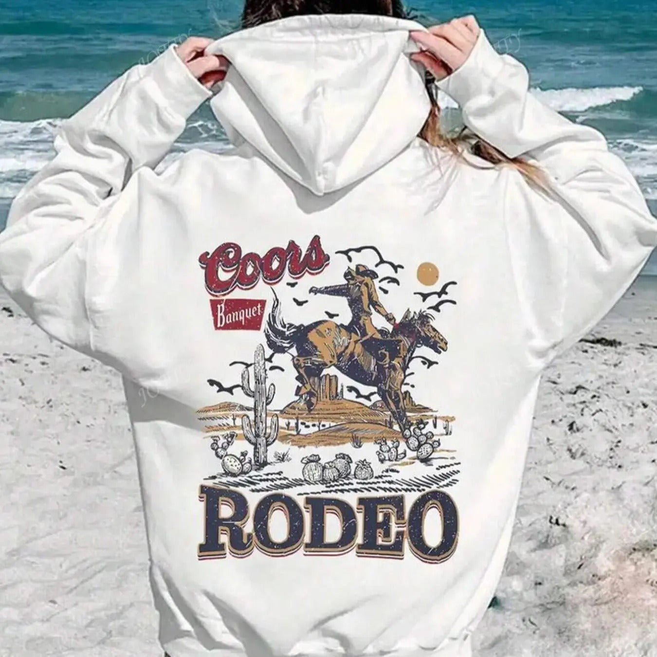 Women's Letter & Horse Print Drop Shoulder Hoodie, Fashion Casual Drawstring Pocket Hooded Sweatshirt for Daily Holiday Outdoor Wear, Women Clothing for Fall & Winter