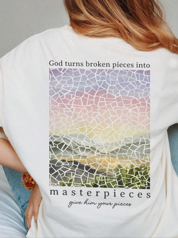 Women's Letter & Landscape Print Drop Shoulder Tee, Casual Streetwear Half Sleeve Round Neck T-shirt for Summer, Ladies Top for Daily Wear