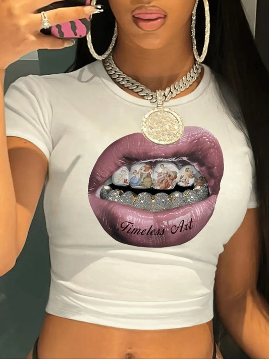 Women's Letter & Lip Print Round Neck Crop Tee, Fashion Casual Crew Neck Short Sleeve T-shirt for Daily Holiday Vacation Outdoor Wear, Ladies Clothes for All Seasons