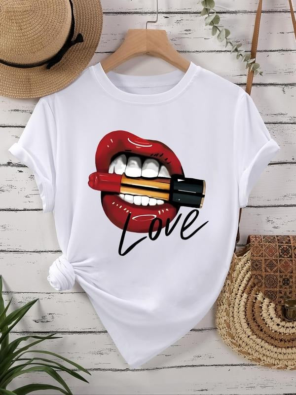 Women's Letter & Lip Print Short Sleeve T-shirt, Fashion Casual Crew Neck Tee for Daily Holiday Vacation Outdoor Wear, Ladies Clothes for All Seasons