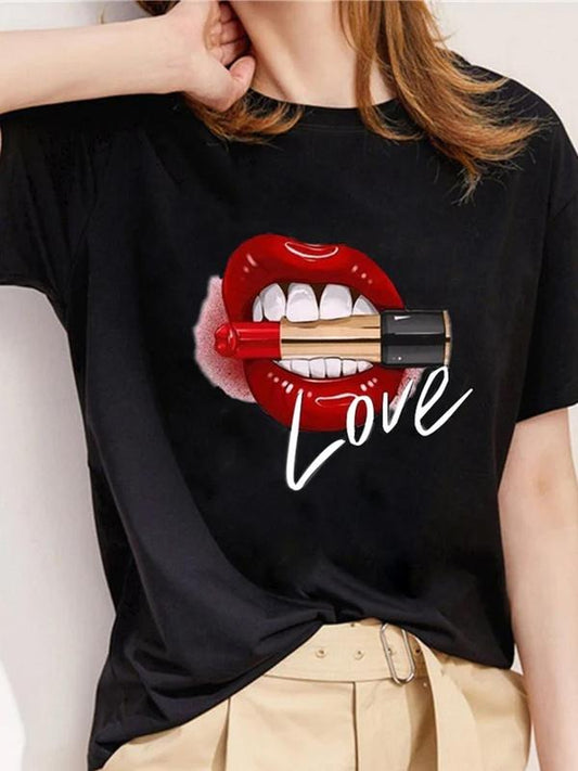 Women's Letter & Lip Print Short Sleeve Tee, Fashion Casual Crew Neck T-Shirt for Daily Holiday Vacation Outdoor Wear, Ladies Summer Clothes