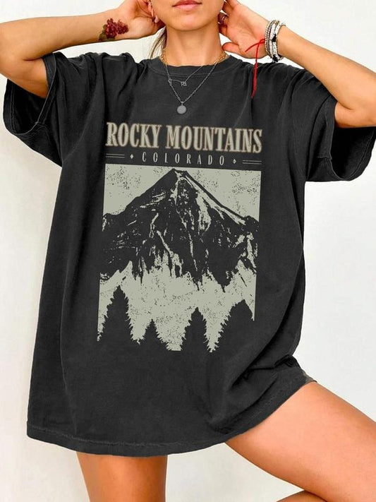 Women's Letter & Mountain Print Round Neck Tee, Vintage Trendy Casual Short Sleeve T-shirt for Daily Wear, Ladies Summer...