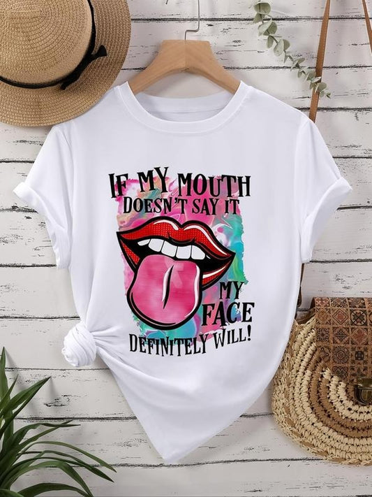 Women's Letter & Mouth Print Round Neck Tee, Fashion Casual Crew Neck Short Sleeve T-shirt for Daily Holiday Vacation Outdoor Wear, Ladies Clothes for All Seasons