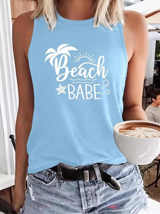 Women's Letter & Palm Tree Print Round Neck Tank Top, Casual Sleeveless Top for Summer, Ladies Clothes for Daily Wear,...
