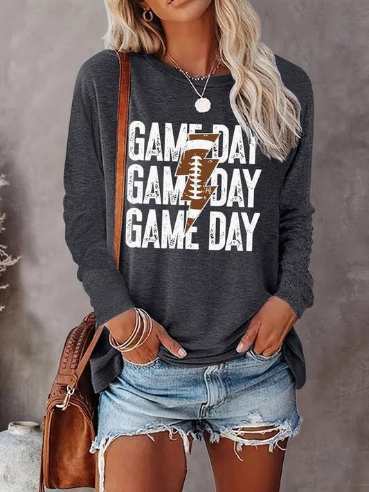 Women's Letter & Rugby Lightning Print Round Neck Tee, Casual Long Sleeve Crew Neck T-Shirt for Fall & Winter, Fashion...