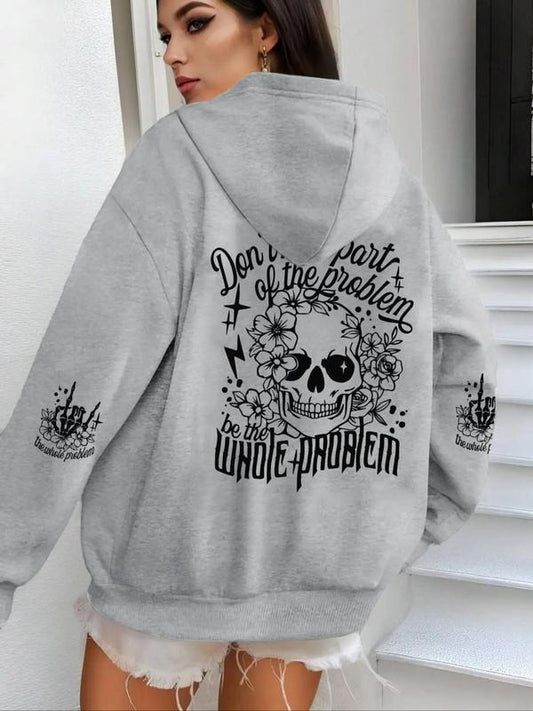 Women's Letter & Skull Print Drop Shoulder Thermal Lined  Hoodie, Fashion Casual Drawstring Kangaroo Pocket Hooded Sweatshirt for Daily Holiday Outdoor Wear, Women Clothing for Fall & Winter