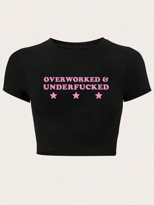 Women's Letter & Star Print Round Neck Crop Tee, Fashion Short Sleeve Cropped T-Shirt, Ladies Clothes for All Seasons...